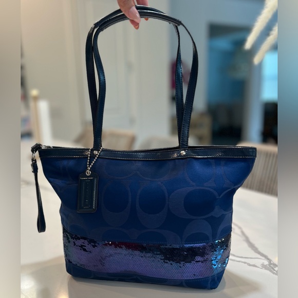 Coach Sequin Trim Signature Monogram Shoulder Bag  Excellent Condition Navy Blue - Picture 1 of 17